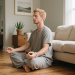 A man is meditating at home, wearing a crystal bracelet on his wrist.