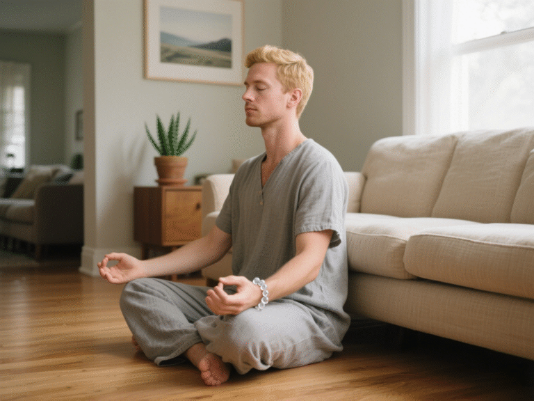 A man is meditating at home, wearing a crystal bracelet on his wrist.