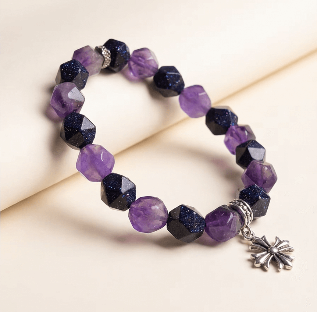 Luxury Men's Crystal Bracelet with Faceted Amethyst & Starry Blue Beads
