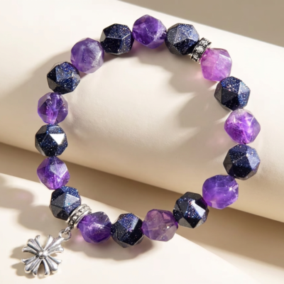 Luxury Men's Crystal Bracelet with Faceted Amethyst & Starry Blue Beads