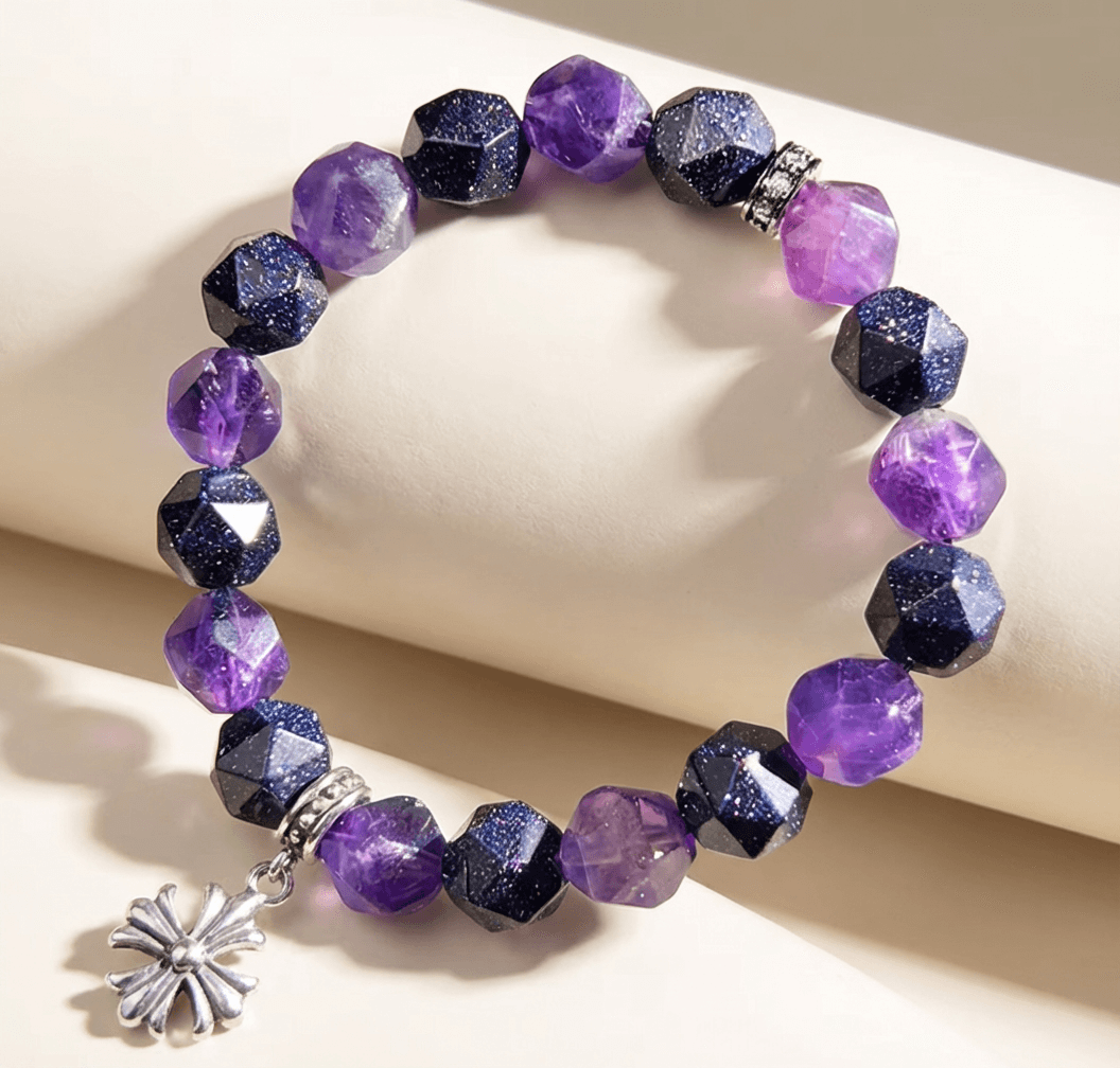 Luxury Men's Crystal Bracelet with Faceted Amethyst & Starry Blue Beads
