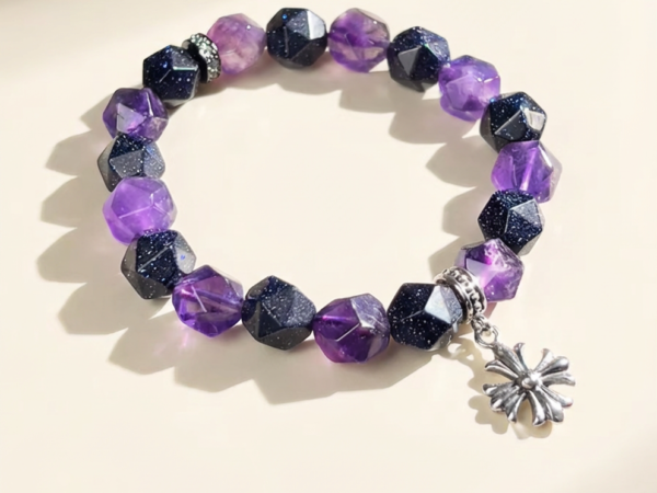 Luxury Men's Crystal Bracelet with Faceted Amethyst & Starry Blue Beads