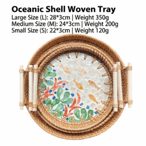 Bohemian Handwoven Rattan Mosaic Serving Tray - L(28*3cm/350g), Oceanic Shell Woven Tray