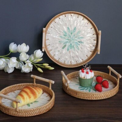 Bohemian Handwoven Rattan Mosaic Serving Tray